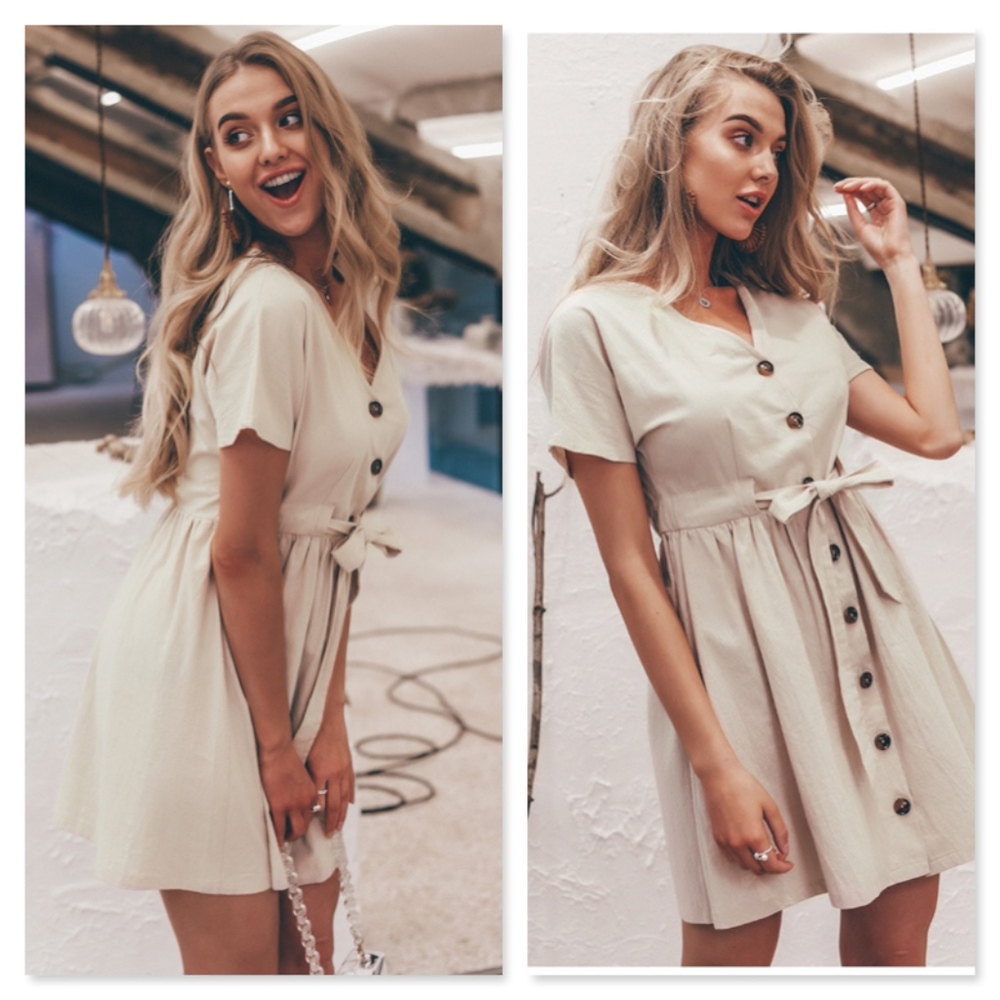 Cotton Buttoned Mini Fit and Flared Belted Dress - Picture 3 of 10